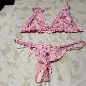 For Love And Lemons Pink Satin Ruffle Triangle Bikini Set with Rose Embroidery